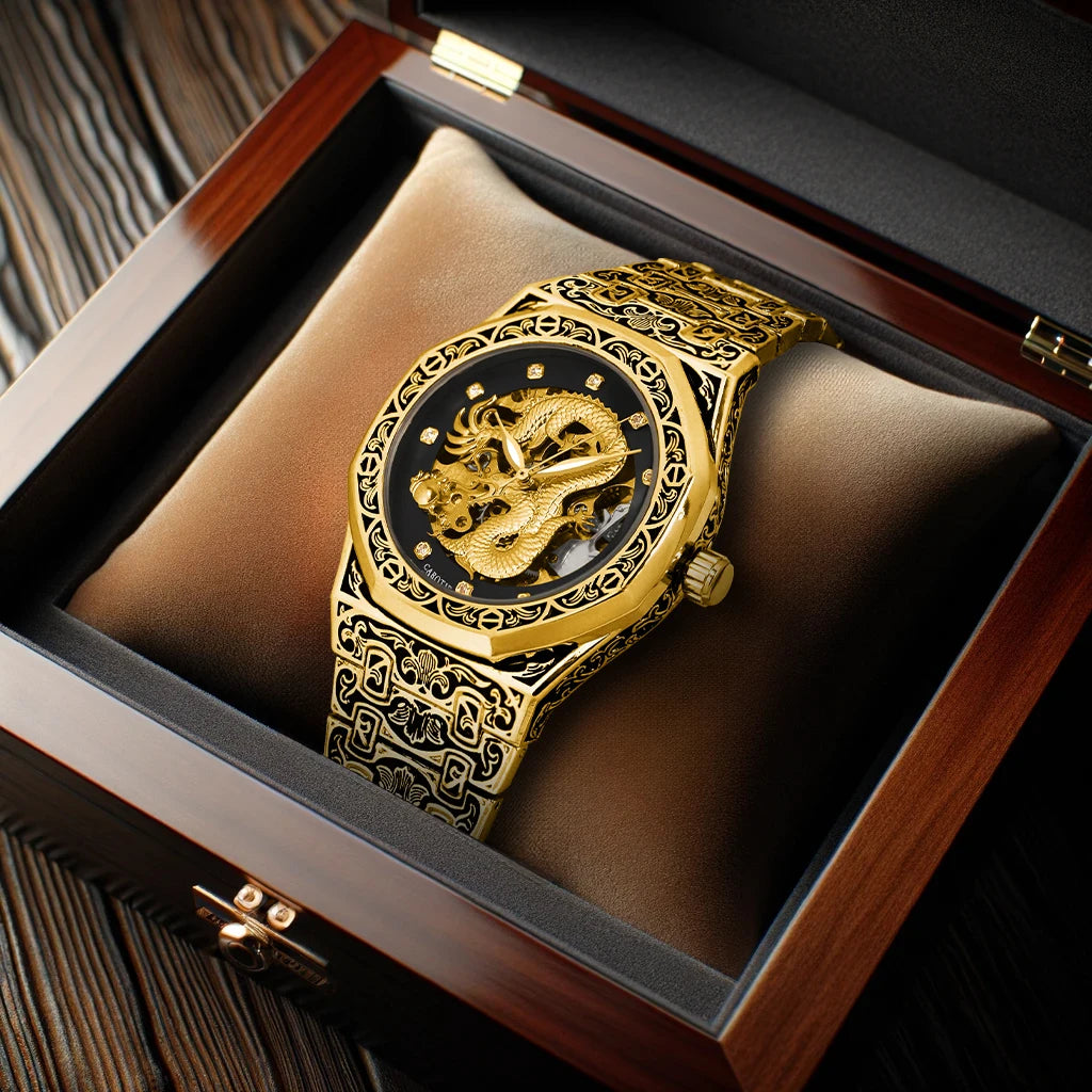 New Men's Watch with Gold Steel Strip, Business Style, Exquisite Carving Pattern, Big Golden Dragon Night Light Mechanical Watch