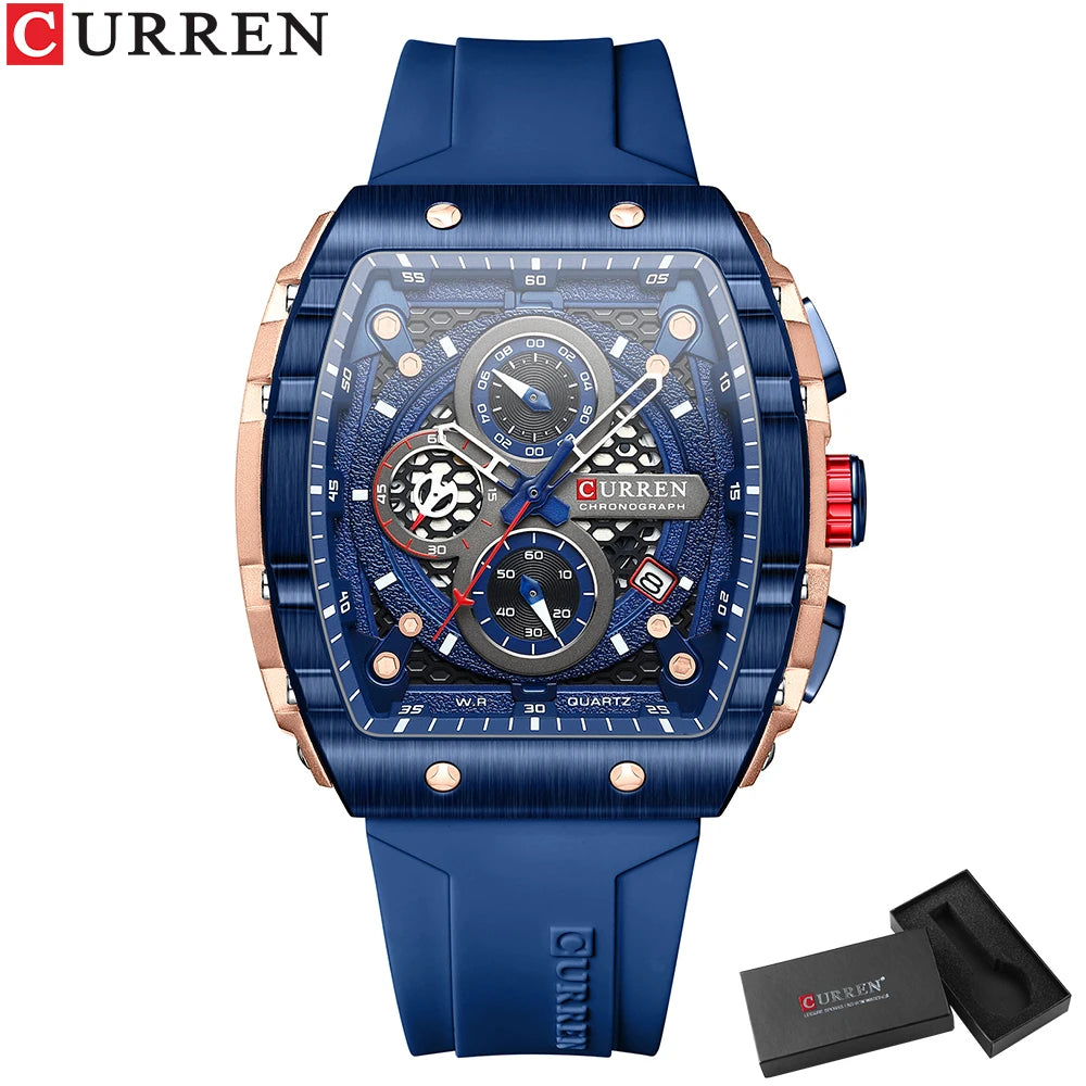CURREN Sports Unique Rectangular Watches with Large Dial Casual Quartz Silicone Bands Wristwatches with Auto Date