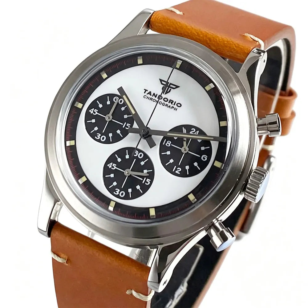 Luxury 38mm Tandorio Chronograph Quartz Men Watch VK63 Domed Glass Retro Business Clock Push Pull Crown
