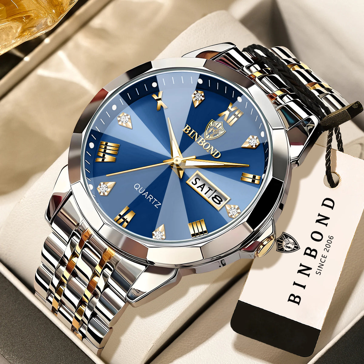 BINBOND Quartz Wristwatches For Men Luminous Waterproof Men's Watch Stainless Steel Original Reloj Para Hombre Todo +Box