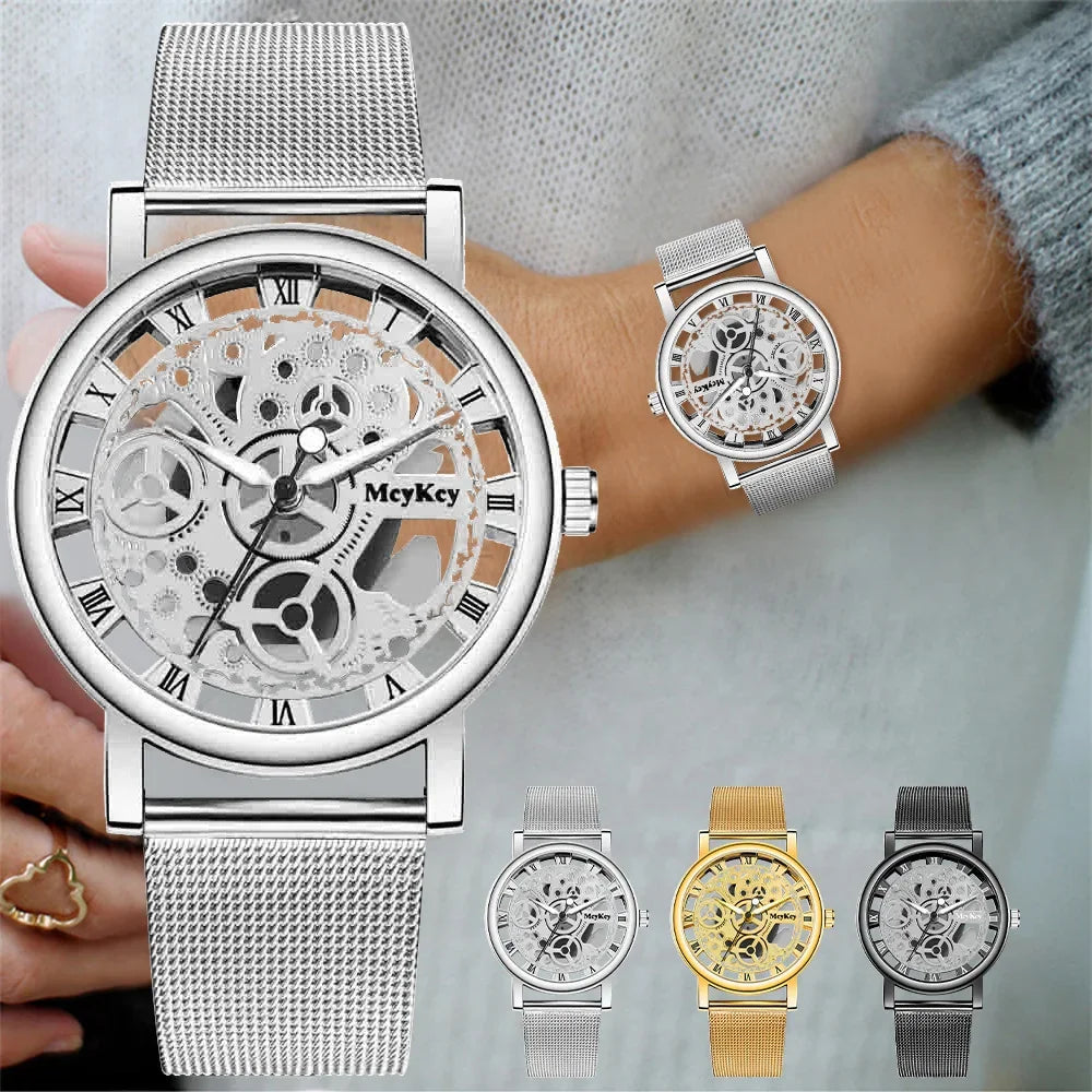 Fashion Top Women Hollow Skeleton Faux Mechanical Watch Ladies Metal Mesh Quartz Wrist Watches For Female Relogio Feminino
