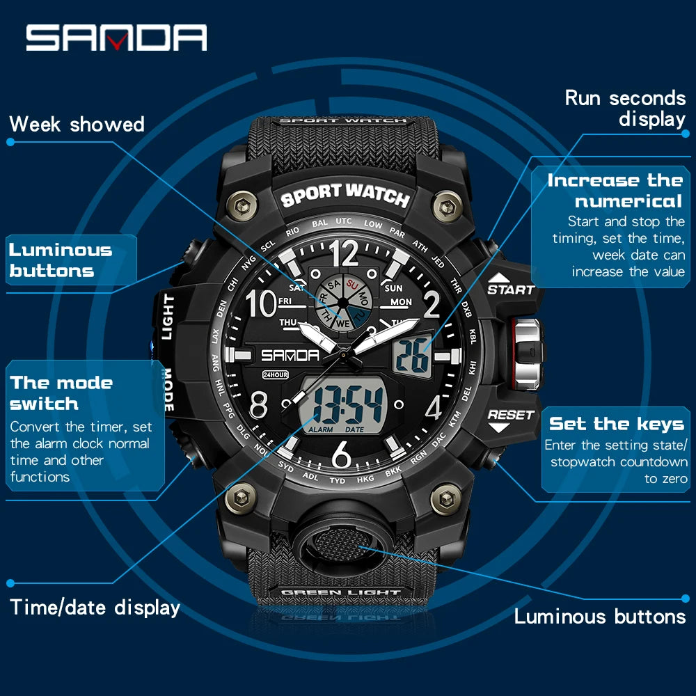 SANDA 3169 Top Brand Sports Men's Watches Military Quartz Watch Man Waterproof Wristwatch for Men Clock Shock Relogios Masculino