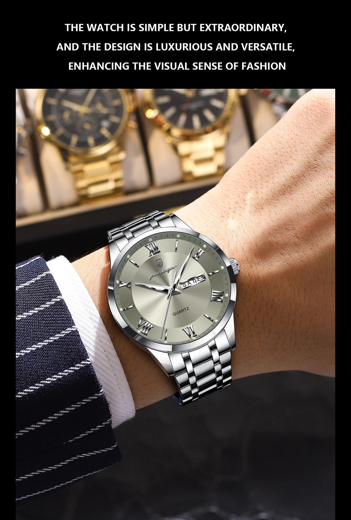 POEDAGAR Business Sports Man Wristwatch Waterproof Luminous Week Date Fashion Men's Clock Stainless Steel Quartz Watches For Men