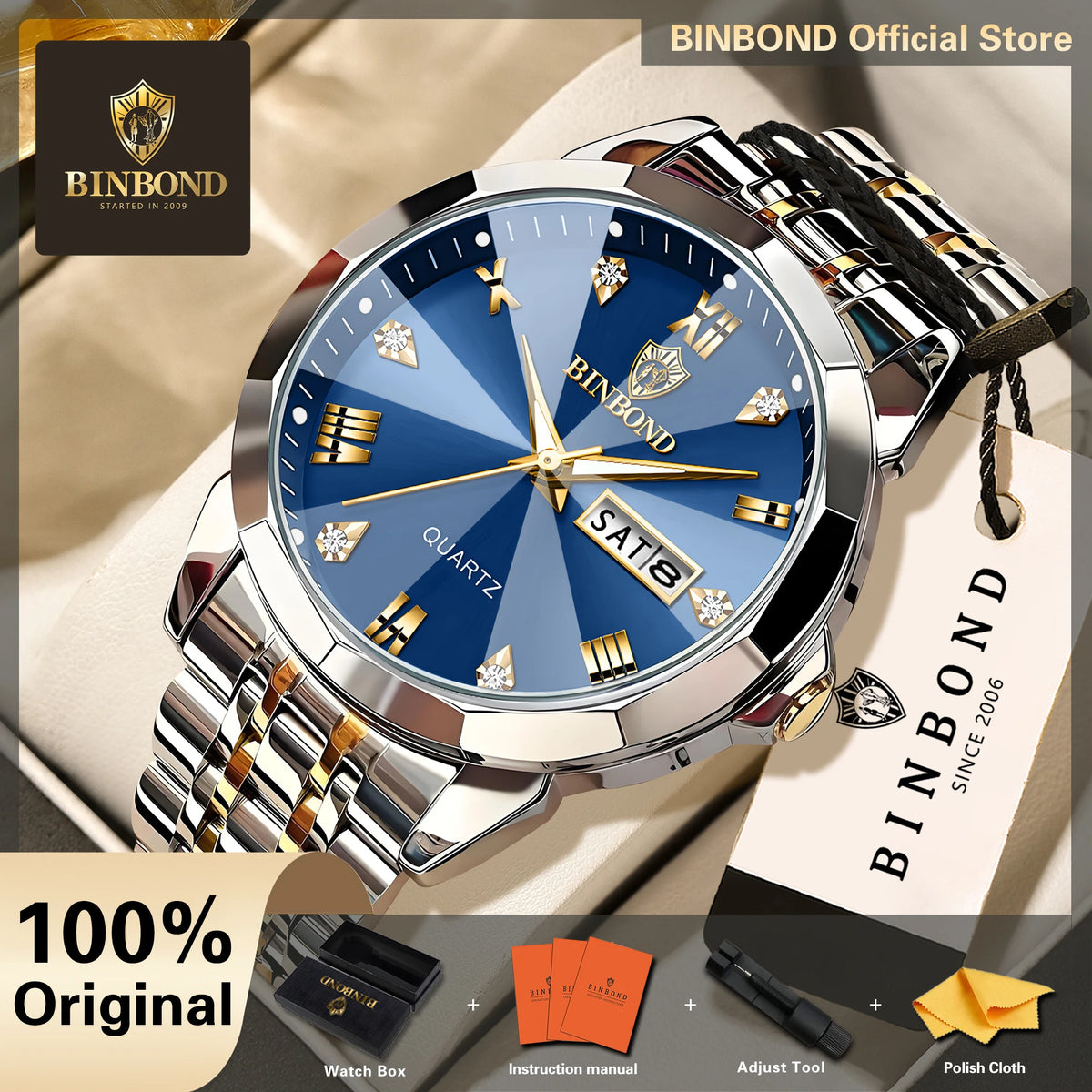 BINBOND Quartz Wristwatches For Men Luminous Waterproof Men's Watch Stainless Steel Original Reloj Para Hombre Todo +Box