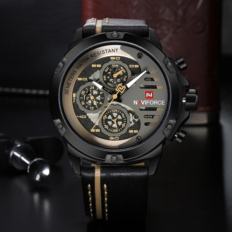 NAVIFORCE Men's Sports 24H Display Date Calendar Waterproof Watch Luminous Genuine Leather Strap Quartz Wristwatch Reloj Hombre