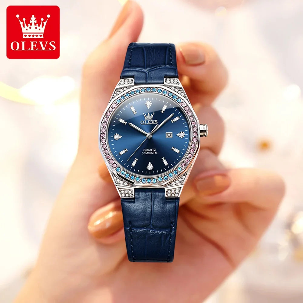 OLEVS Original Women's Watches Diamond Lap Fashion Leather Strap Waterproof Luminous Ladies Wristwatch Quartz Watch for Ladies'