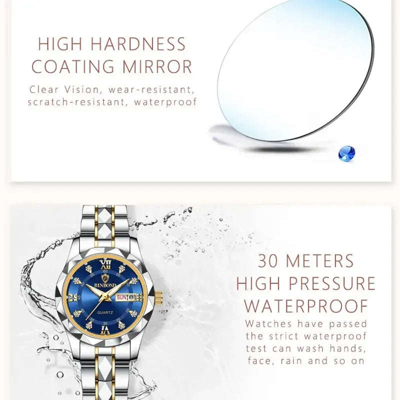 BINBOND B2521 Top Brand Luxury Fashion Business Womens Quartz Watches 30M Waterproof Week Date Clock Sport Womens Wristwatch