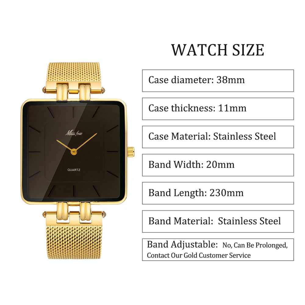 MISSFOX Luxury Brand Wristwatch Minimalist Fashion Quartz Watches Classic Design Square Dial Waterproof Mesh Band Watch For Gift