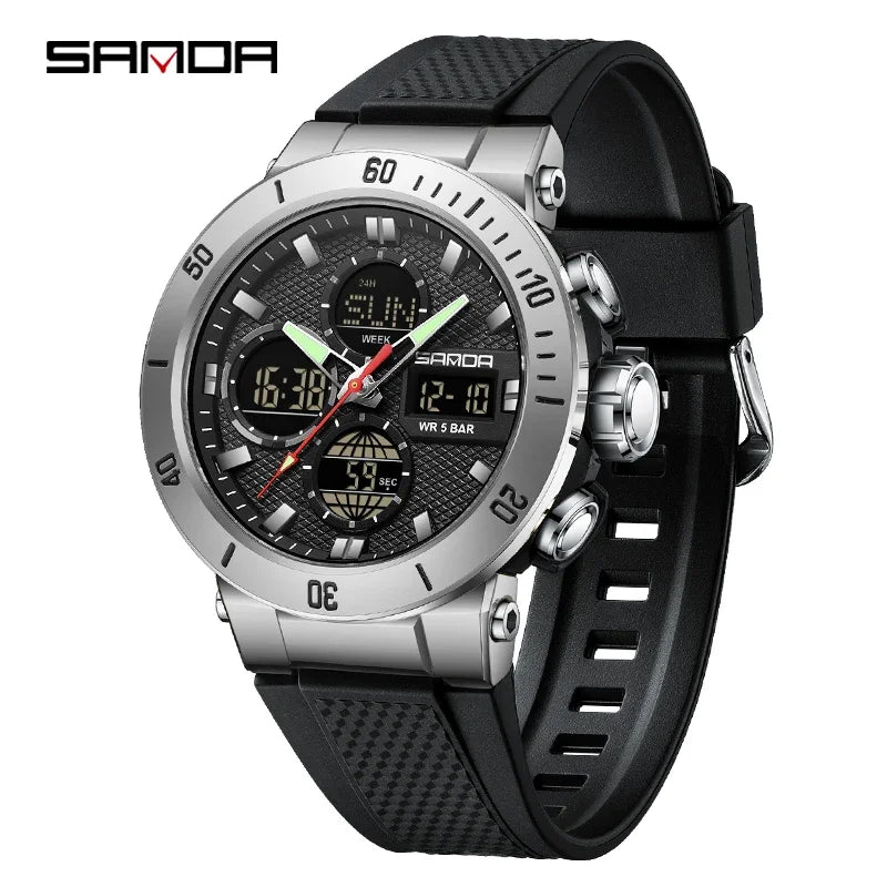 SANDA Chic Sport Men's Watch Orange Silicone Strap Luxury Waterproof Chronograph Quartz Wristwatches Digital Date and Week Clock