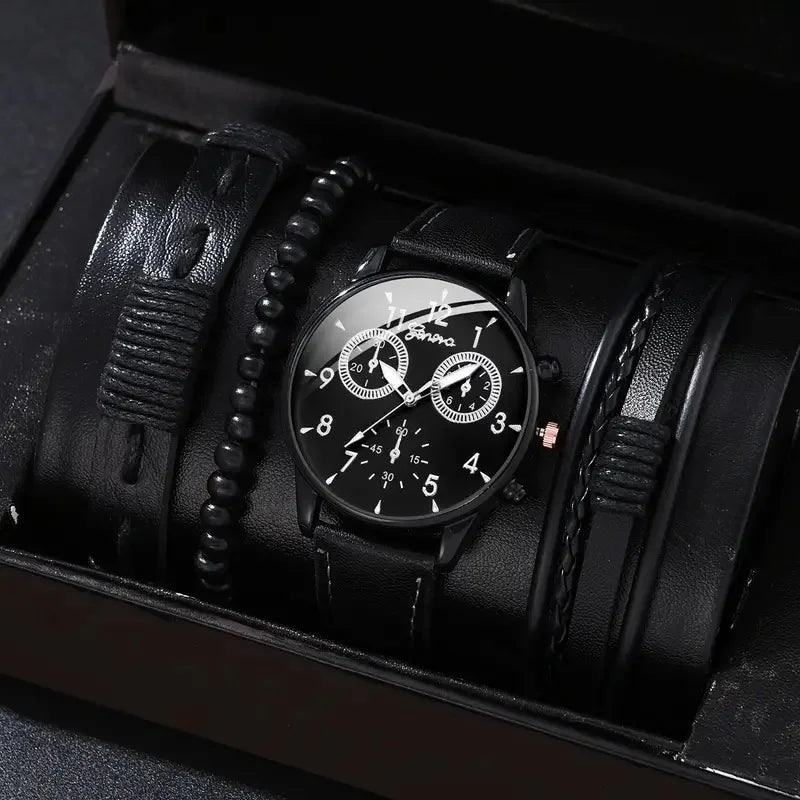 4 Pcs/Set Fashion Men's Casual Watches Men's Leather Bracelet Quartz Watch Man Present Bracelets Set (Without Box)