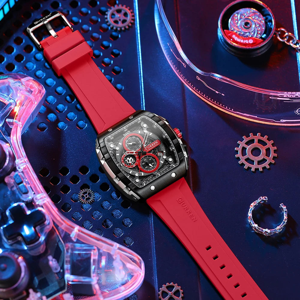 CURREN Sports Unique Rectangular Watches with Large Dial Casual Quartz Silicone Bands Wristwatches with Auto Date