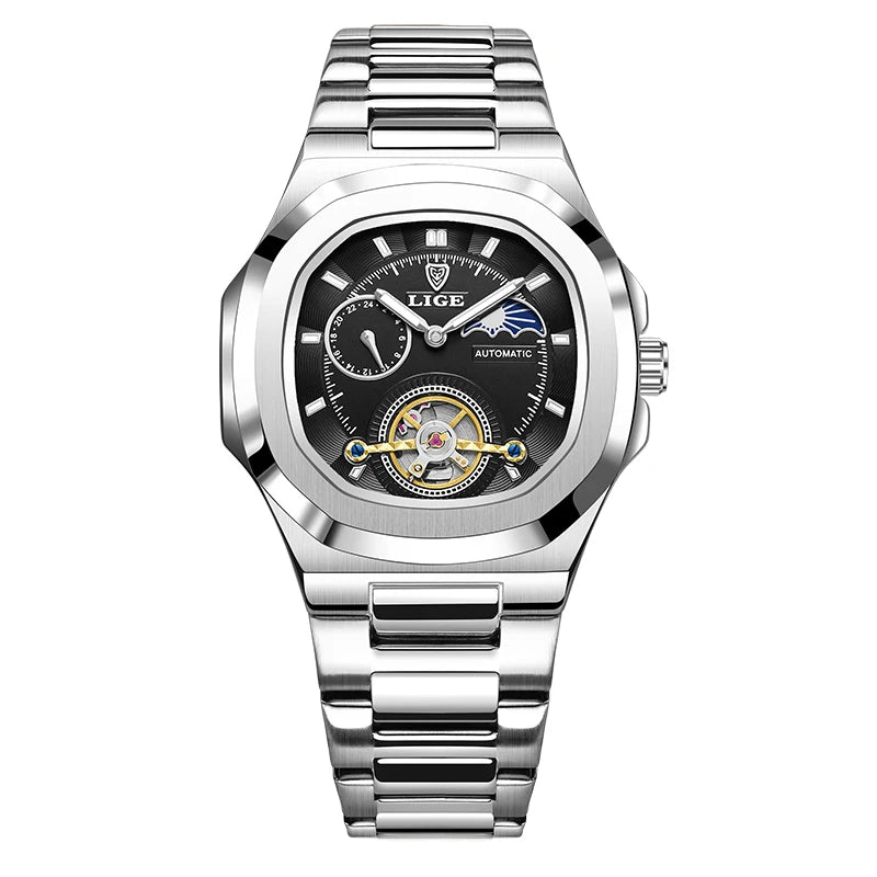 LIGE Mens Mechanical Watches Top Brand Luxury Square Automatic Watch For Men Waterproof Stainless Steel Clock Gift Montre Homme