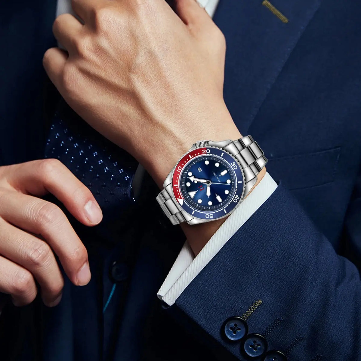 NS Mens Sports Watch | Multi-Color High-Contrast Dial and Markers Ceramic Bezel Stainless Steel Band Versatile Style