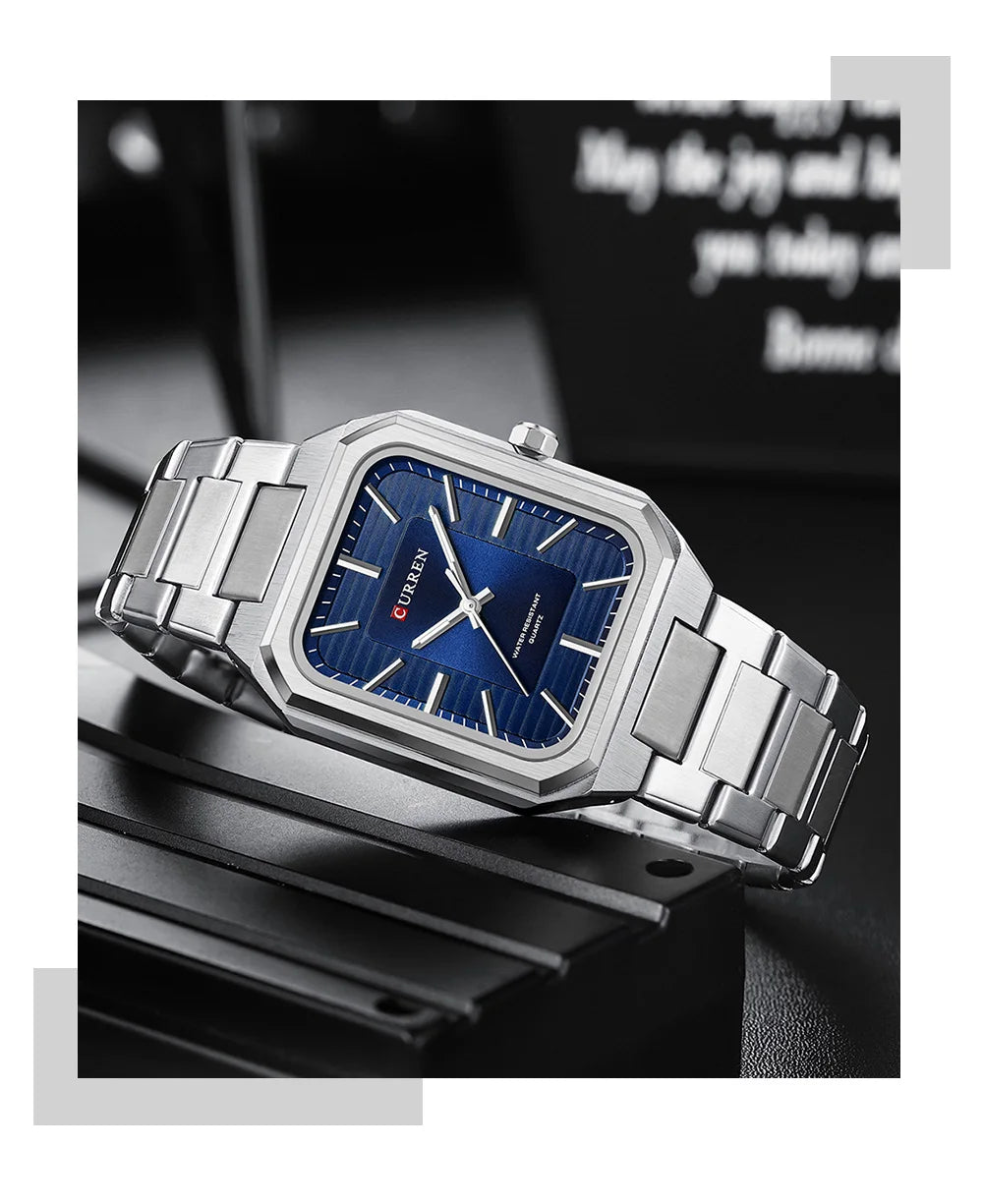 CURREN NEW Stainless Steel Strap Vintage Rectangle Dial Quartz Watches for Men Luminous Hands Waterproof