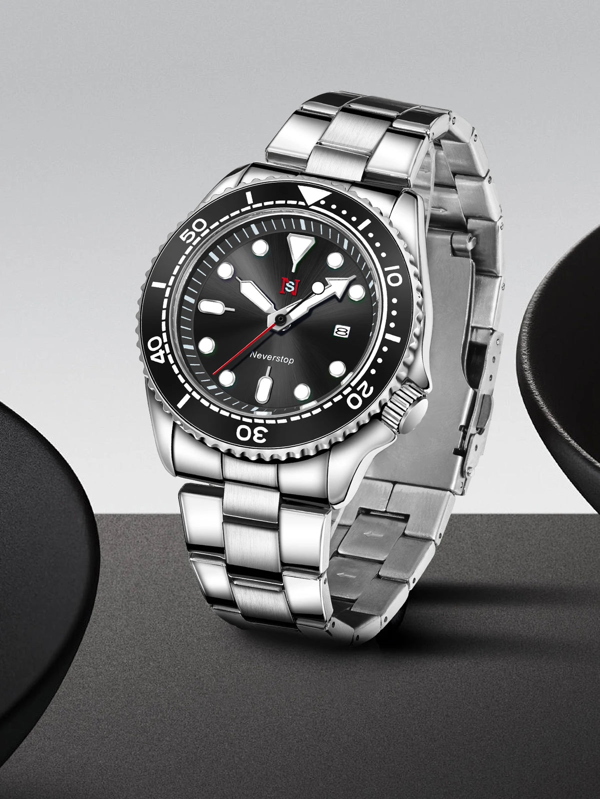 NS Mens Sports Watch | Multi-Color High-Contrast Dial and Markers Ceramic Bezel Stainless Steel Band Versatile Style