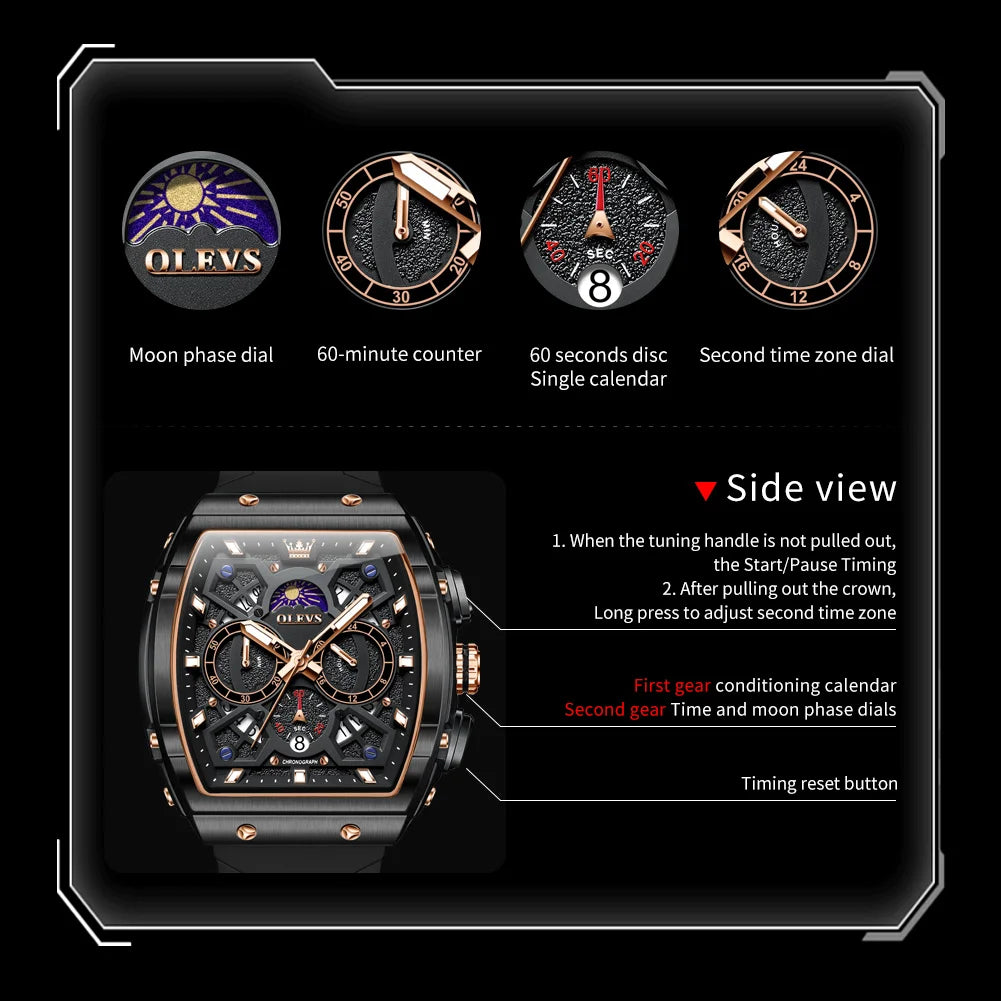 OLEVS 2942 New Mens Watch Original Quartz Watch Hollow Out Watches Waterproof Luminous Watches For Men Moon Phase Silicone Strap