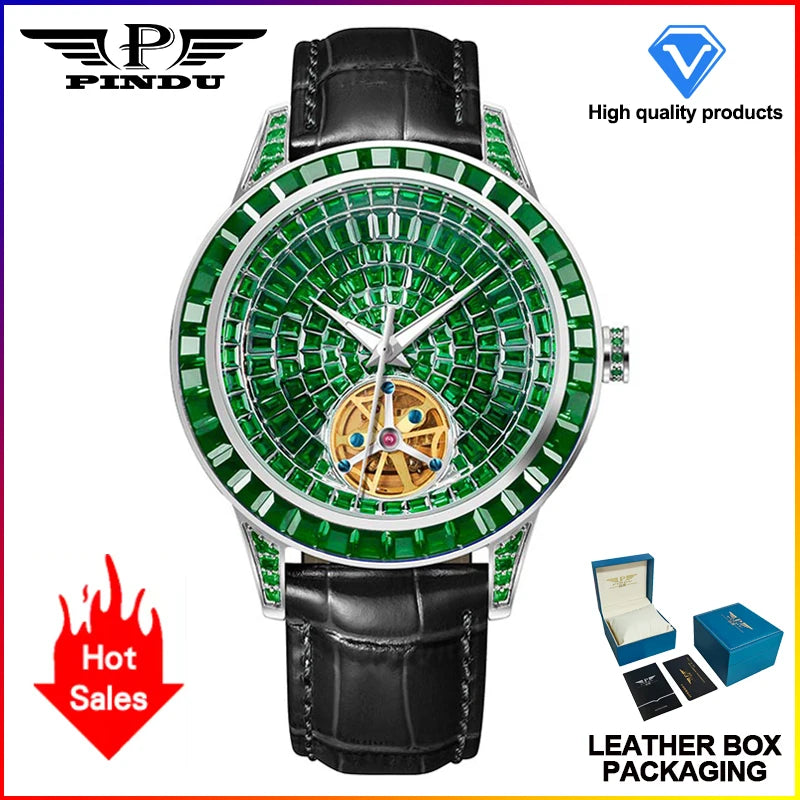 PINDU Brand Design New 43MM Mechanical Watch Men Diamond Dial Stainless Steel Waterproof TOP-Luxury Automatic Mechanical Watch