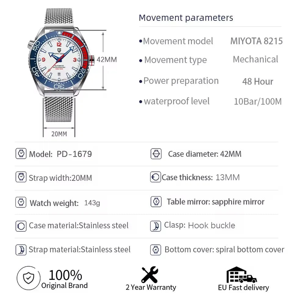 PAGANI DESIGN 42MM Classic Versatile Luxury Men Automatic Waterproof Watch Top Brand Sapphire Glass Mechanical Watches For Men