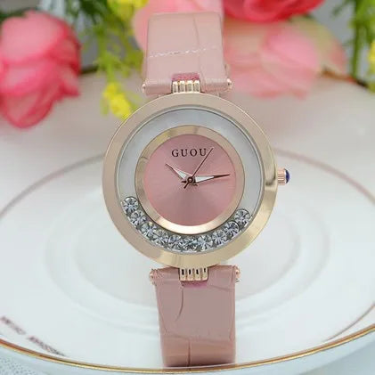 Fashion GUOU Brand Women Rolling Drill Dress Watches Luxury Quicksand Casual Clock Genuine Leather Rhinestone Lady Wrist Watches
