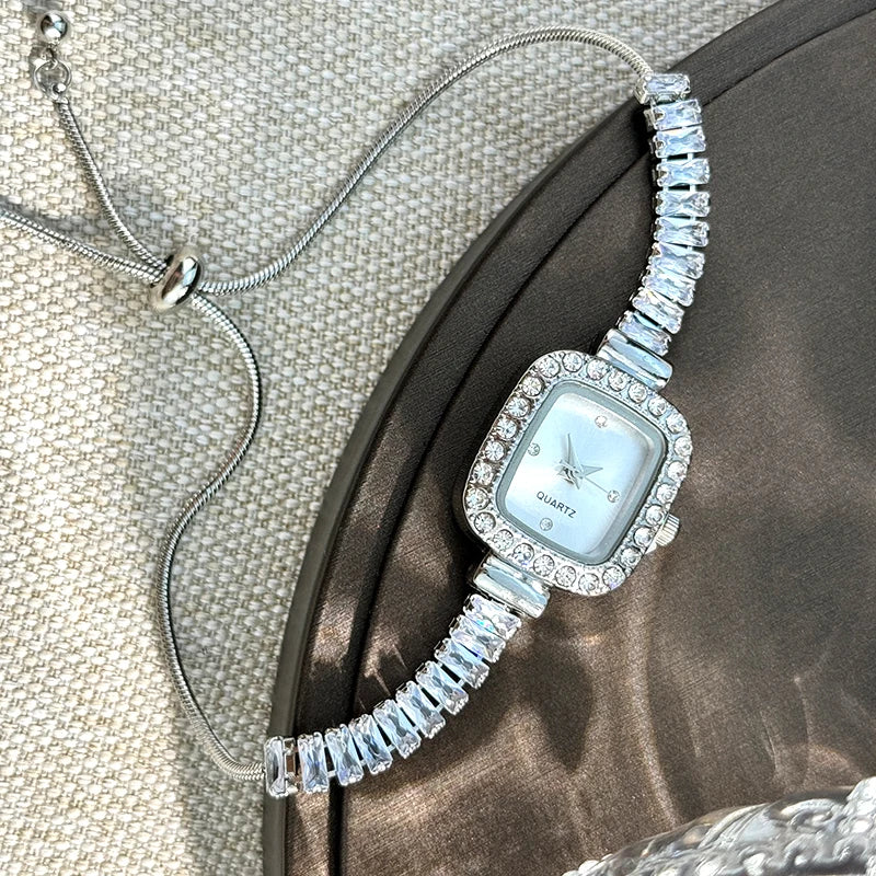 Women's Inlaid Zircon Flexible Pull out Bracelet with Diamond Square Alloy Case Rhinestone Scale Simple Dial Quartz Watch