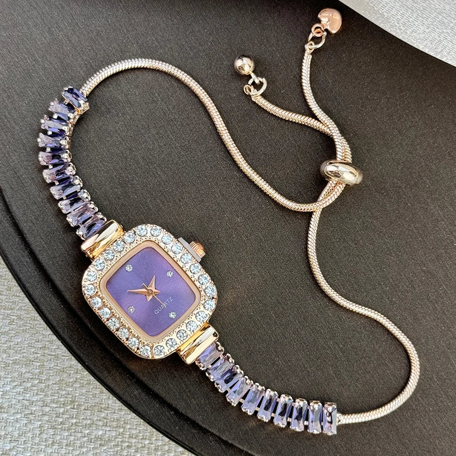 Women's Inlaid Zircon Flexible Pull out Bracelet with Diamond Square Alloy Case Rhinestone Scale Simple Dial Quartz Watch