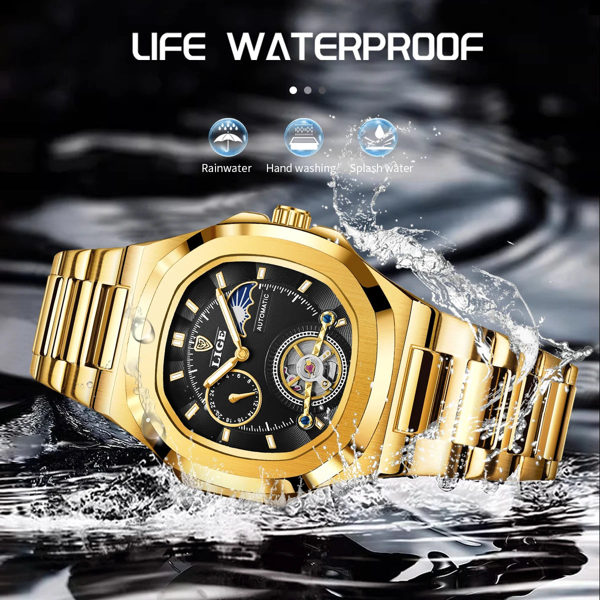 LIGE Mens Mechanical Watches Top Brand Luxury Square Automatic Watch For Men Waterproof Stainless Steel Clock Gift Montre Homme