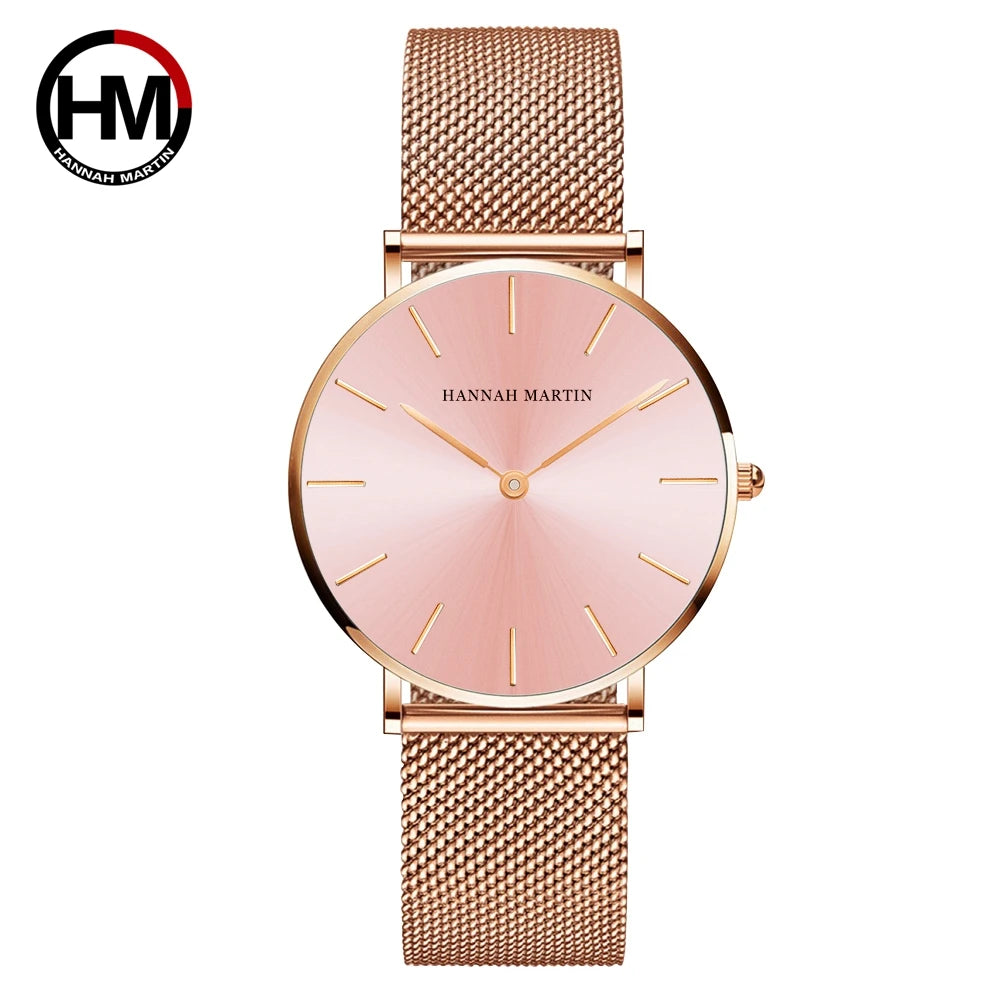 Hannah Martin New 2021 Top Brand Luxury Japan Quartz Wristwatch Stainless Steel Rose Gold Waterproof Watch for Women reloj mujer
