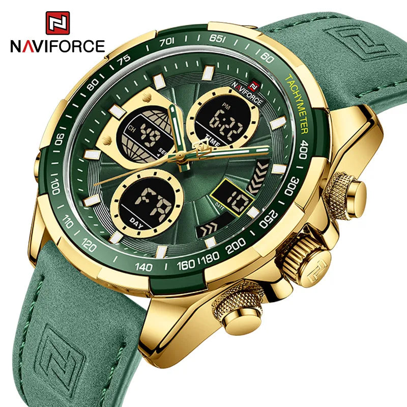 NAVIFORCE New Fashion Multifunctional Men Watches Top Brand Genuine Leather Waterproof Digital Analog Quartz Luminous Male Clock