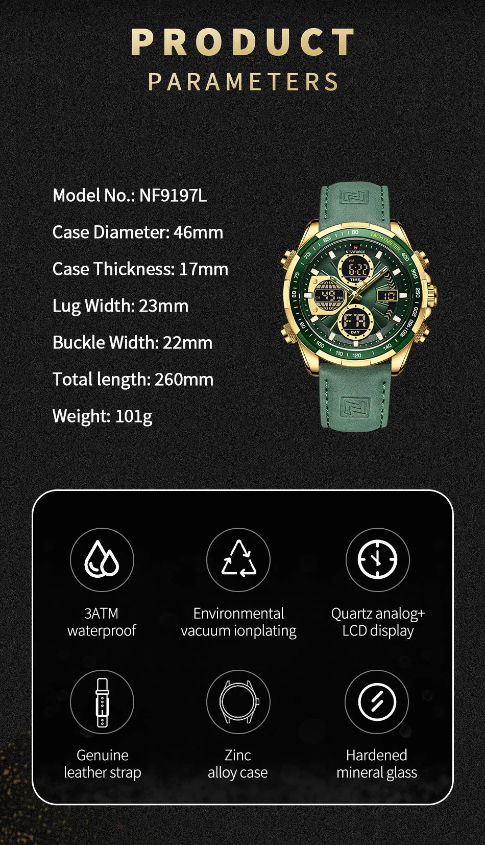 NAVIFORCE New Fashion Multifunctional Men Watches Top Brand Genuine Leather Waterproof Digital Analog Quartz Luminous Male Clock