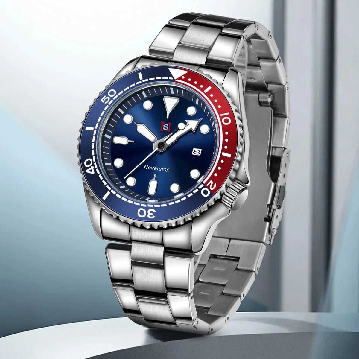 NS Mens Sports Watch | Multi-Color High-Contrast Dial and Markers Ceramic Bezel Stainless Steel Band Versatile Style