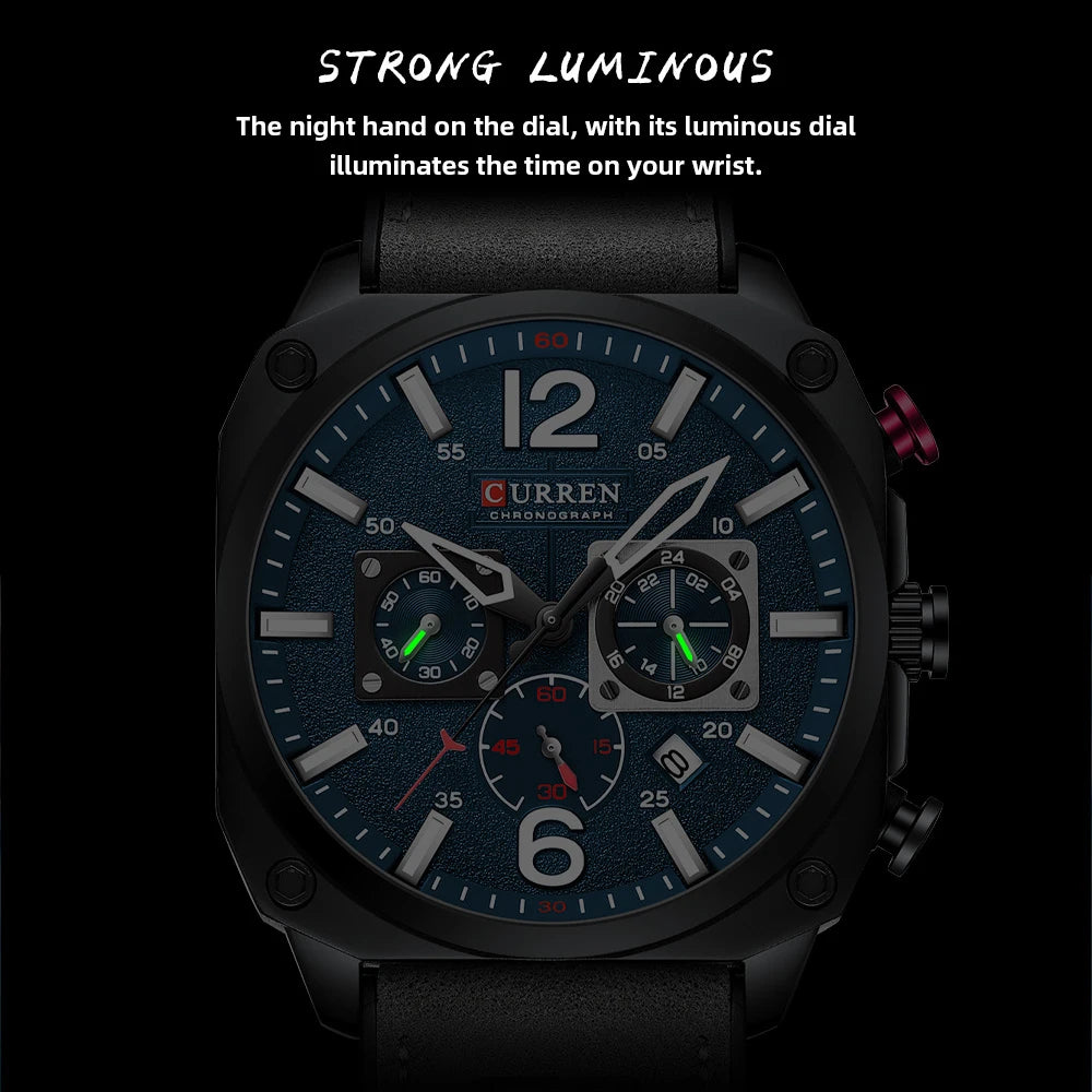 CURREN Men's Watch Fashion Waterproof Multi-function Chronograph Clock Leather Six Needle Calendar Luminous Quartz Watches