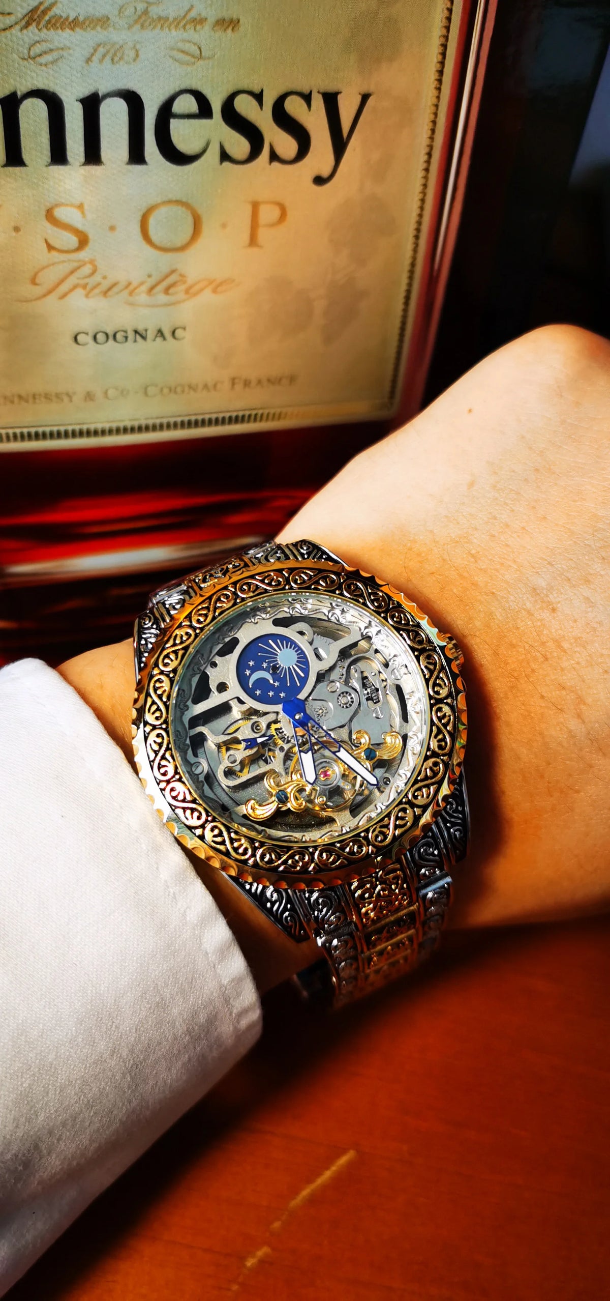 Forsining Luxury Gold Skeleton Mechanical Watches Moon Phase Retro Engraved Luminous Tourbillon Automatic Mens Watch Steel Strap
