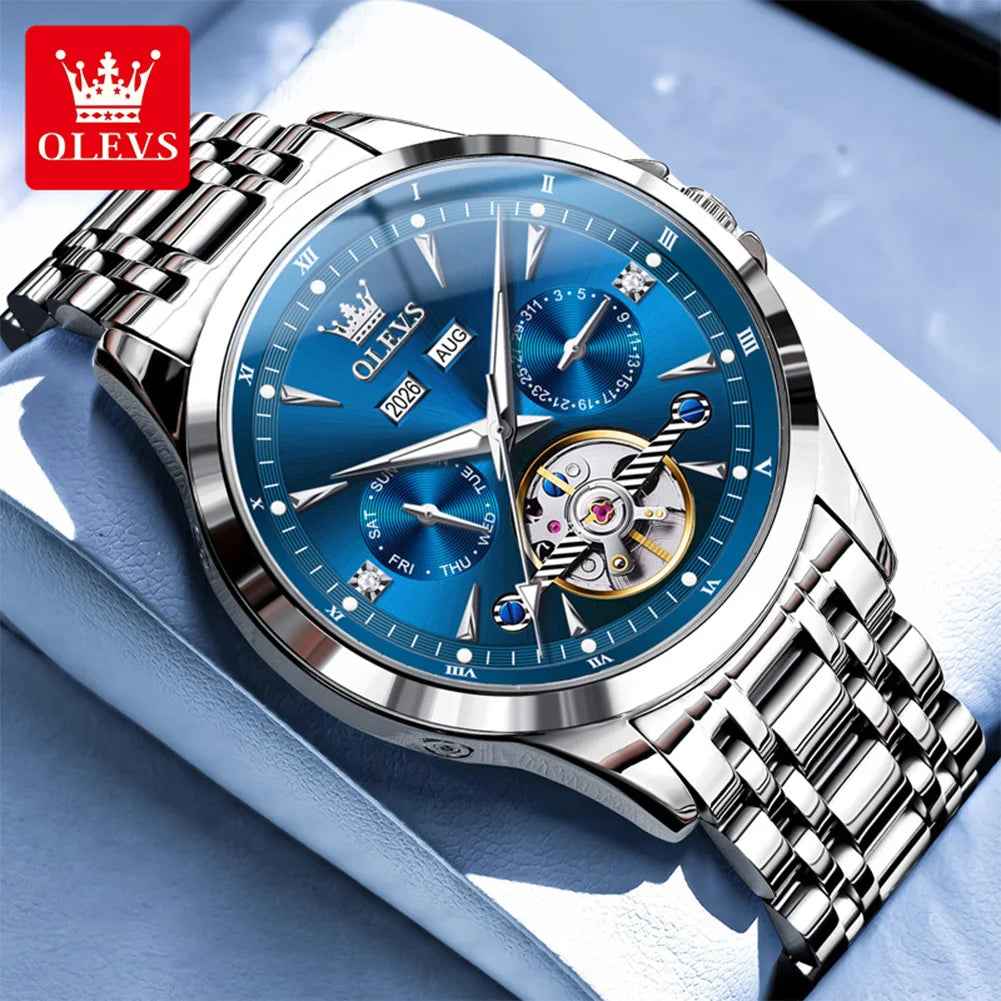 OLEVS 7091 Automatic Men's Watches Skeleton Flywheel Dual Calendar Stainless Steel Waterproof Luminous Mechanical Watch For Man