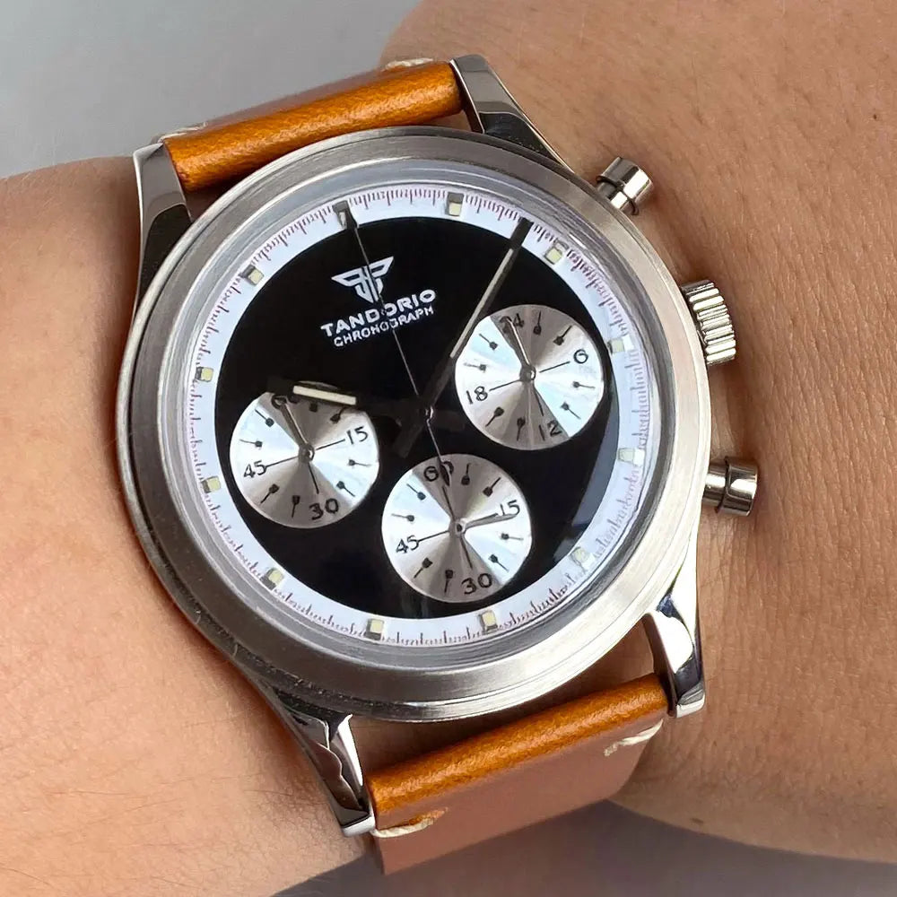 Luxury 38mm Tandorio Chronograph Quartz Men Watch VK63 Domed Glass Retro Business Clock Push Pull Crown