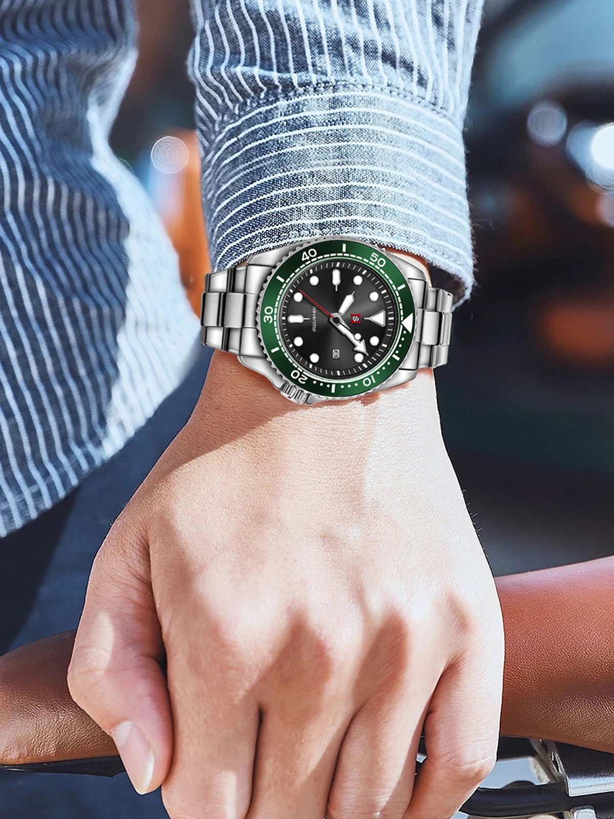 NS Mens Sports Watch | Multi-Color High-Contrast Dial and Markers Ceramic Bezel Stainless Steel Band Versatile Style