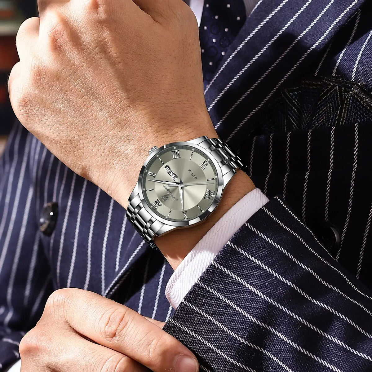 POEDAGAR Business Sports Man Wristwatch Waterproof Luminous Week Date Fashion Men's Clock Stainless Steel Quartz Watches For Men