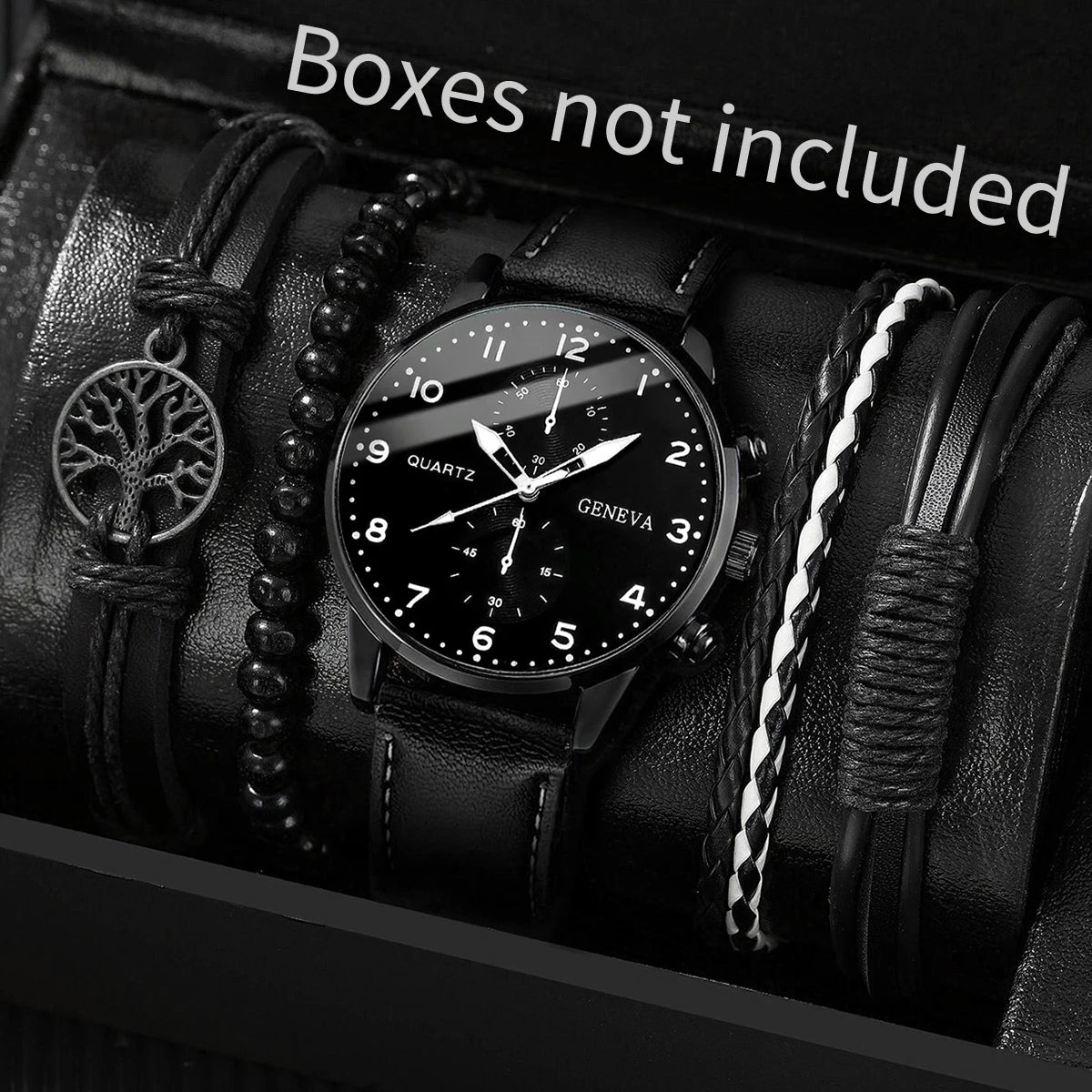 5PCS/Set Men's Watch Fashion Arabic Dial Analog Quartz Watches Vintage Leather Bracelets Set（Without Box）