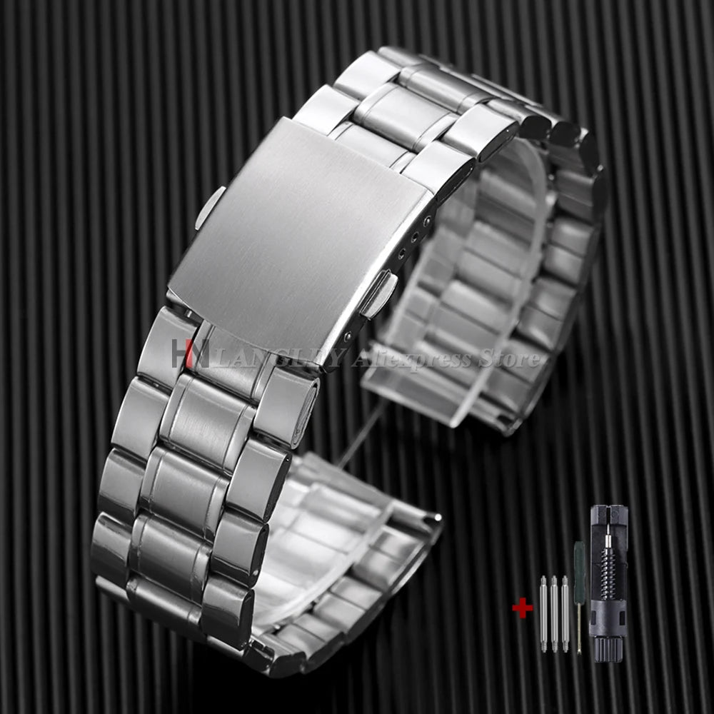 Stainless Steel Watchband 12mm 14mm 16mm 18mm 20mm 22mm 24mm Metal Watch Strap Lock Buckle Adjustable Wrist Bracelet Replacement