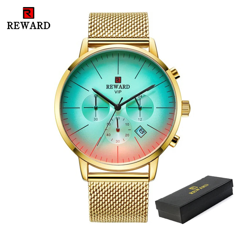 REWARD Men’s Watches Top Brand Sport Watch Luxury Men Stainless Steel Mesh Quartz Wrist Watches Chronograph Design Male Clock