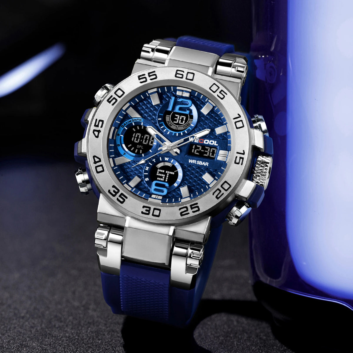 WECOOL Brand Dual Display Digital W-822 50M Waterproof Alarm Clock Luminous  Watch For Man
