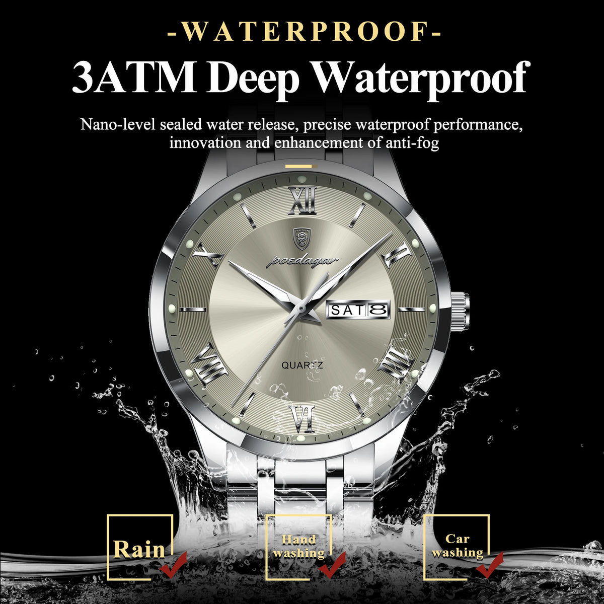 POEDAGAR Business Sports Man Wristwatch Waterproof Luminous Week Date Fashion Men's Clock Stainless Steel Quartz Watches For Men