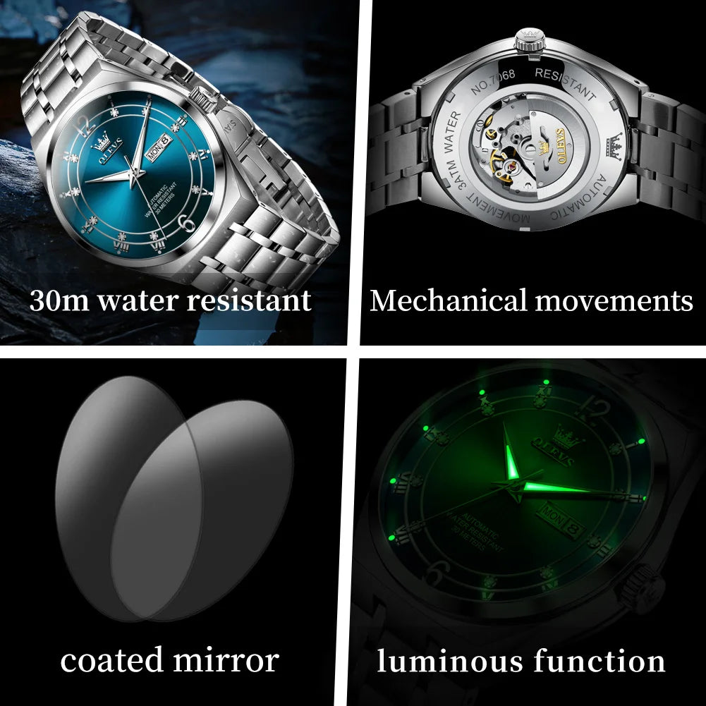 OLEVS Fashion Men's Watches Trend Classic Original Automatic Mechanical Watch for Man Waterproof Luminous Week Date Wristwatch