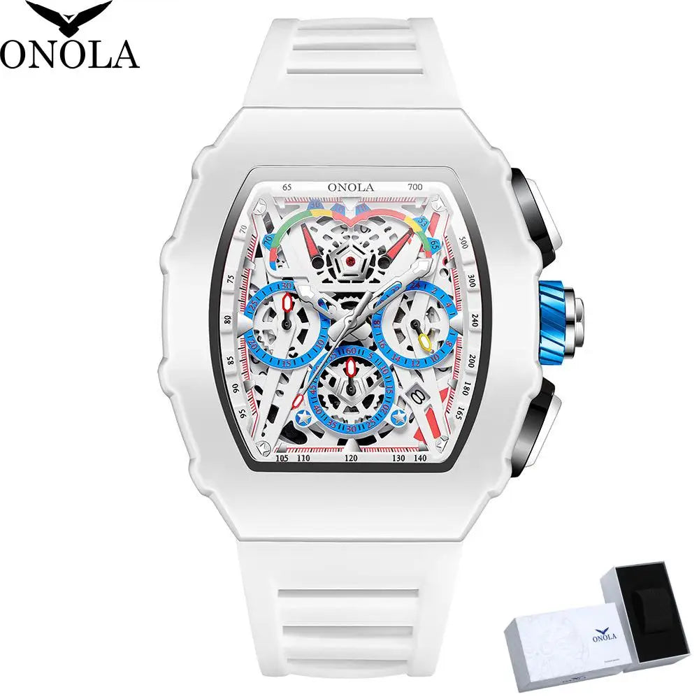 Gift Box for Man ONOLA 6827GM Trend White Quartz Wristwatch Silicone Strap Chronograph Luminous Waterproof Men Watch