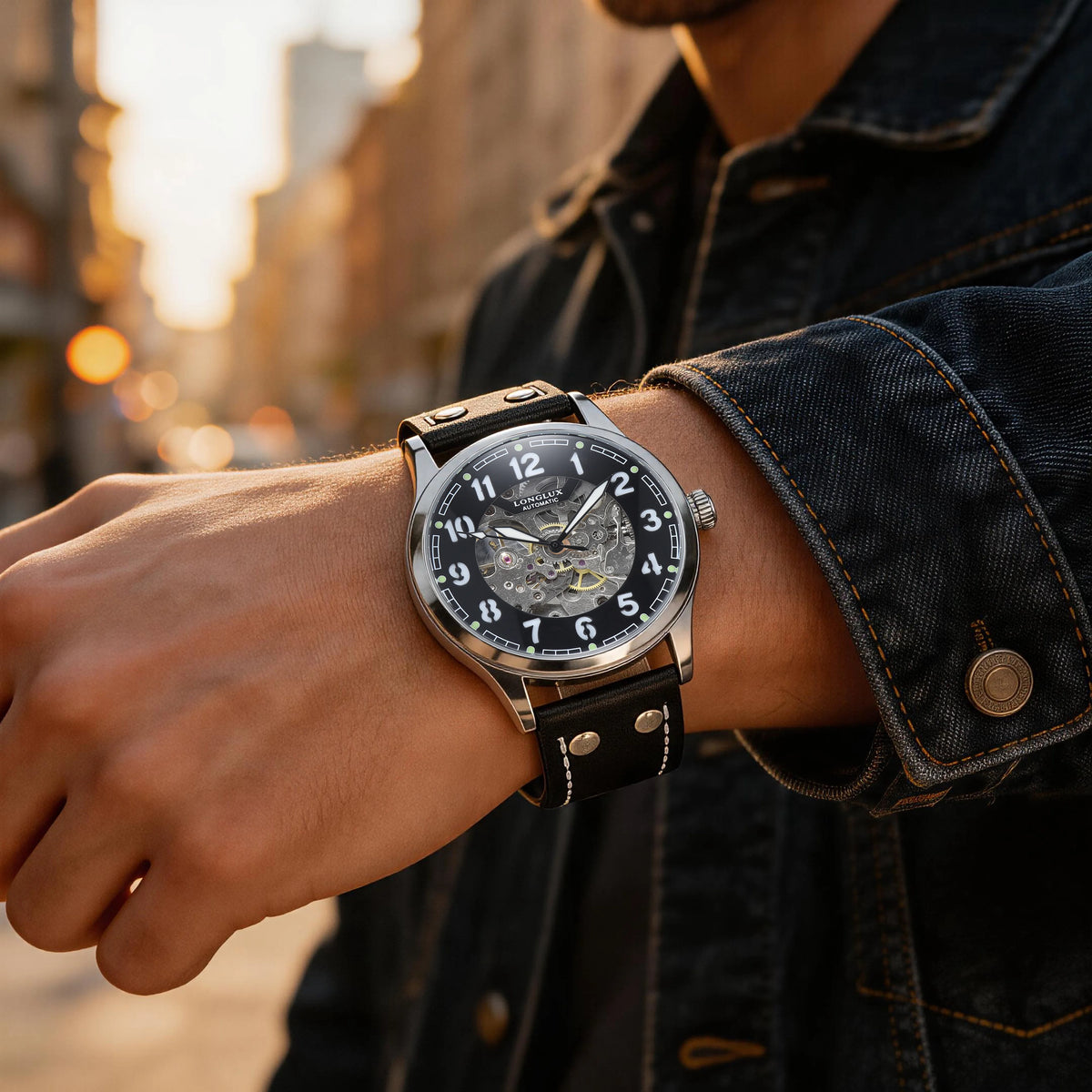 LONGLUX Men Automatic Watch Vintage Pilot Tough Guy Mechanical Watches Skeleton Waterproof Luminous Leather Gift