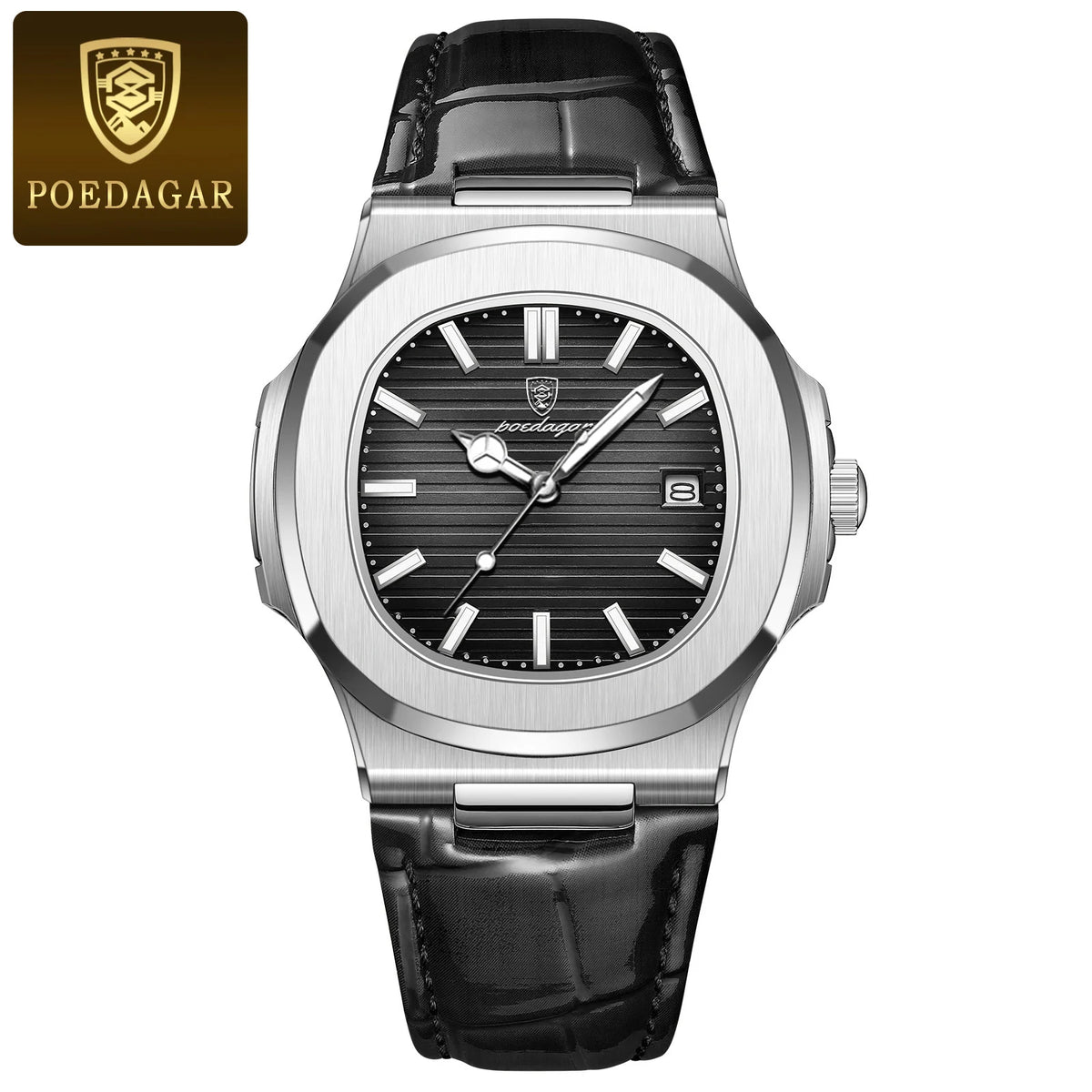 POEDAGAR Luxury Man Wristwatch Business Stainless Steel Quartz Men Watch Waterproof Luminous Date Square Men's Watches Clock+Box