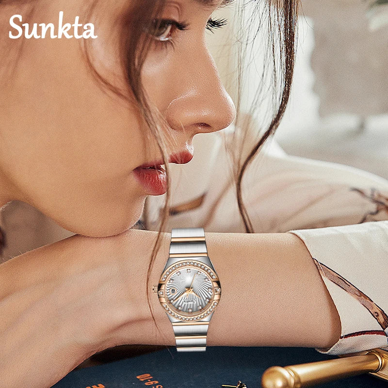 Sunkta Woman Watch LIGE Fashion Luxury Elegant Retro Diamond Simple Stainless Waterproof Casual Calendar Quartz Women's Watches