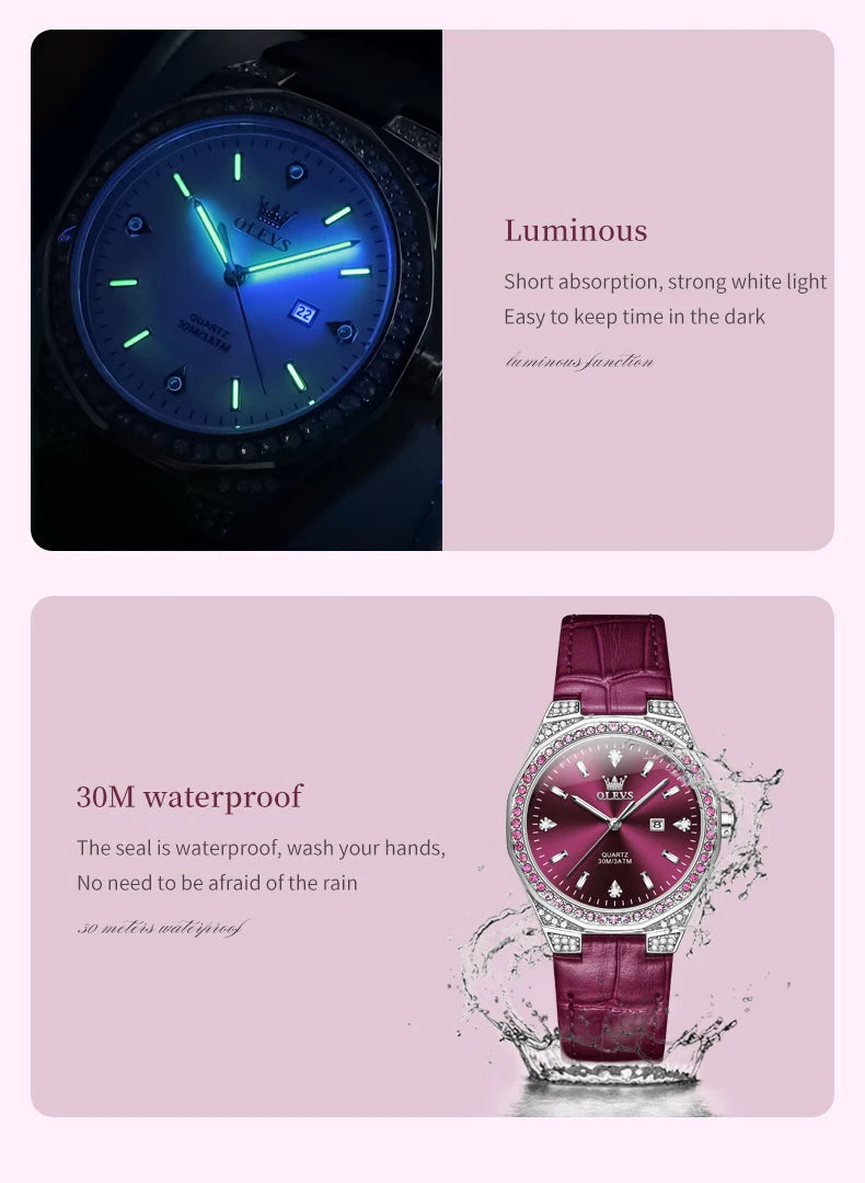 OLEVS Original Women's Watches Diamond Lap Fashion Leather Strap Waterproof Luminous Ladies Wristwatch Quartz Watch for Ladies'