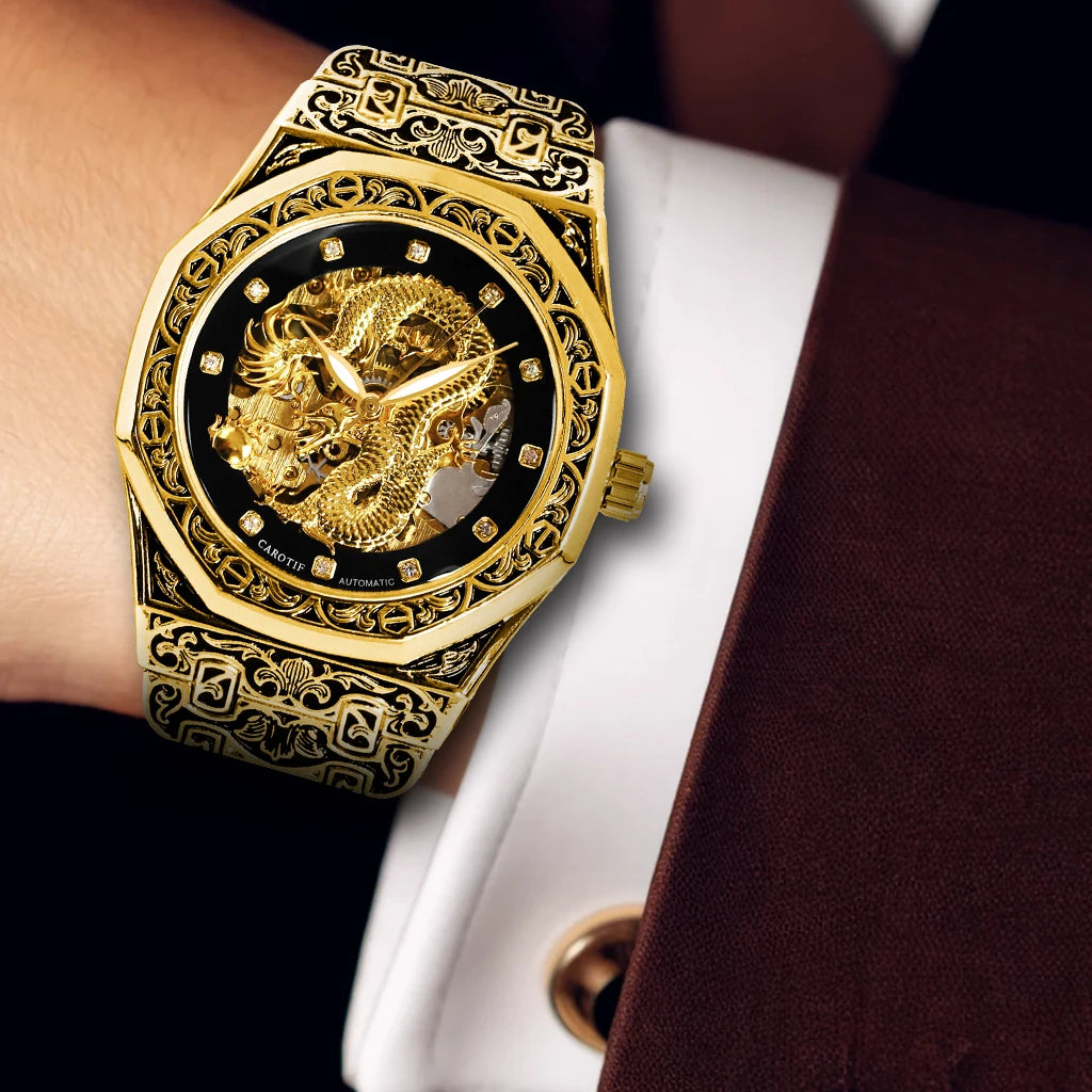 New Men's Watch with Gold Steel Strip, Business Style, Exquisite Carving Pattern, Big Golden Dragon Night Light Mechanical Watch