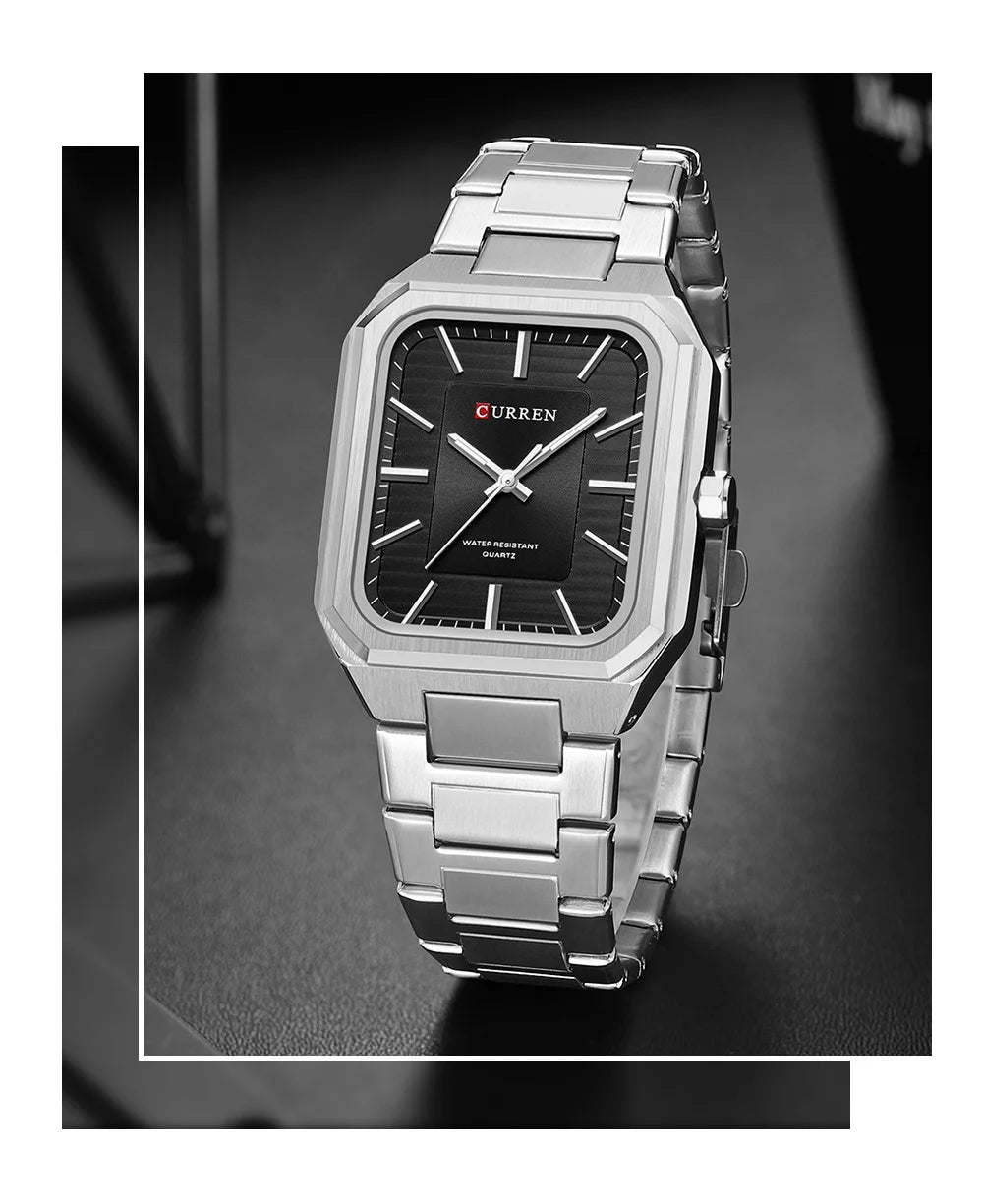 CURREN NEW Stainless Steel Strap Vintage Rectangle Dial Quartz Watches for Men Luminous Hands Waterproof