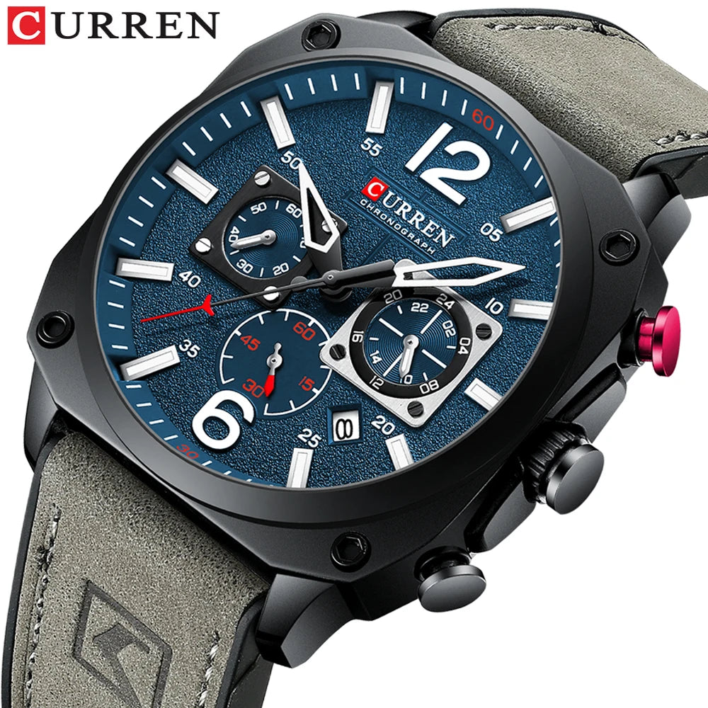 CURREN Men's Watch Fashion Waterproof Multi-function Chronograph Clock Leather Six Needle Calendar Luminous Quartz Watches